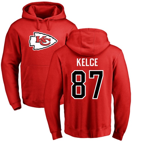 Men Kansas City Chiefs 87 Kelce Travis Red Name and Number Logo Pullover Hoodie
